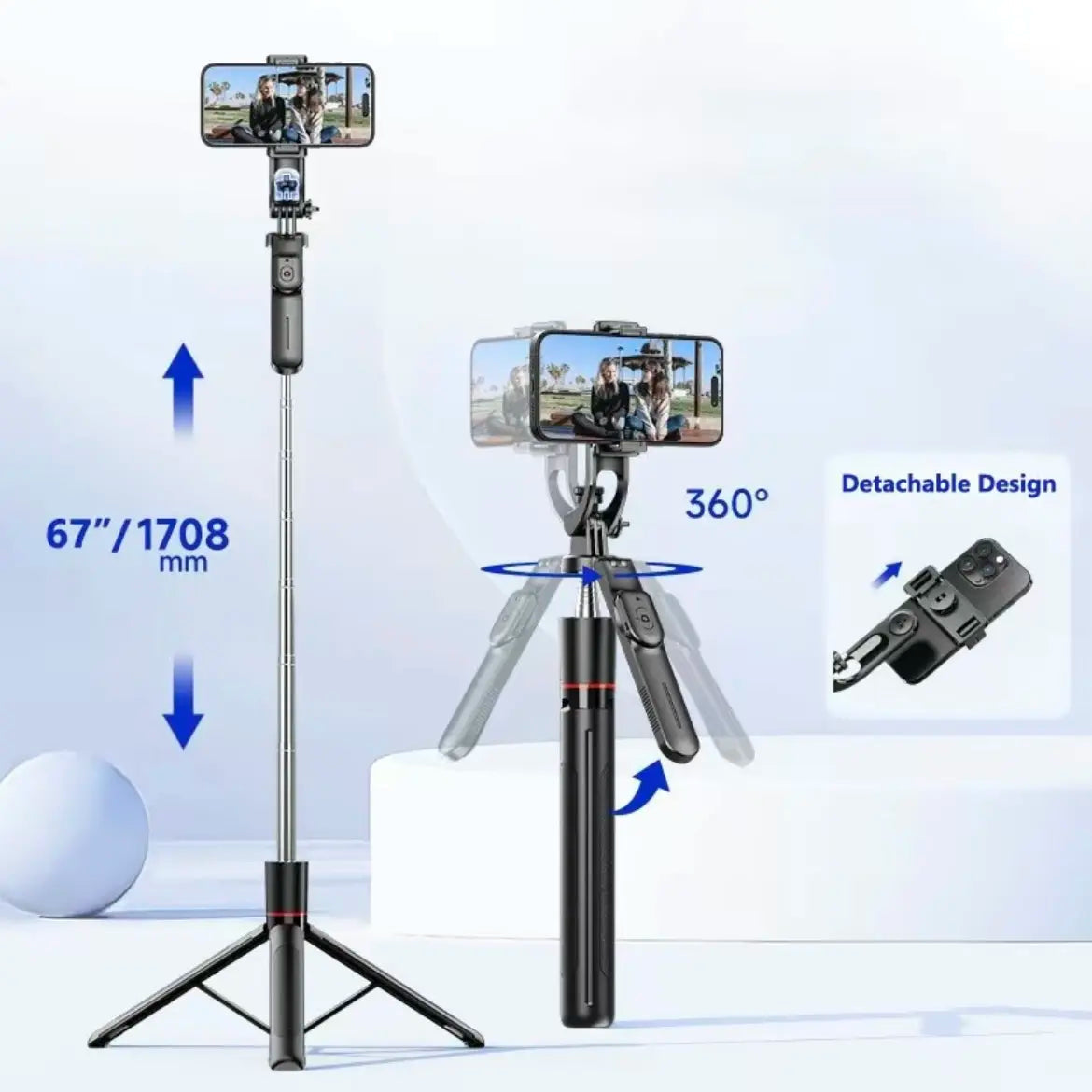 67-Inch Adjustable Phone Tripod Stand with Bluetooth Remote Control—Compatible with Iphone 16/15/14/13 and Android Devices; Features Enhanced Stability, Compact Foldable Design for Travel