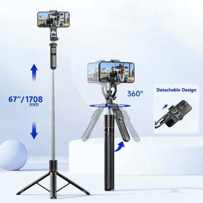 67-Inch Adjustable Phone Tripod Stand with Bluetooth Remote Control—Compatible with Iphone 16/15/14/13 and Android Devices; Features Enhanced Stability, Compact Foldable Design for Travel