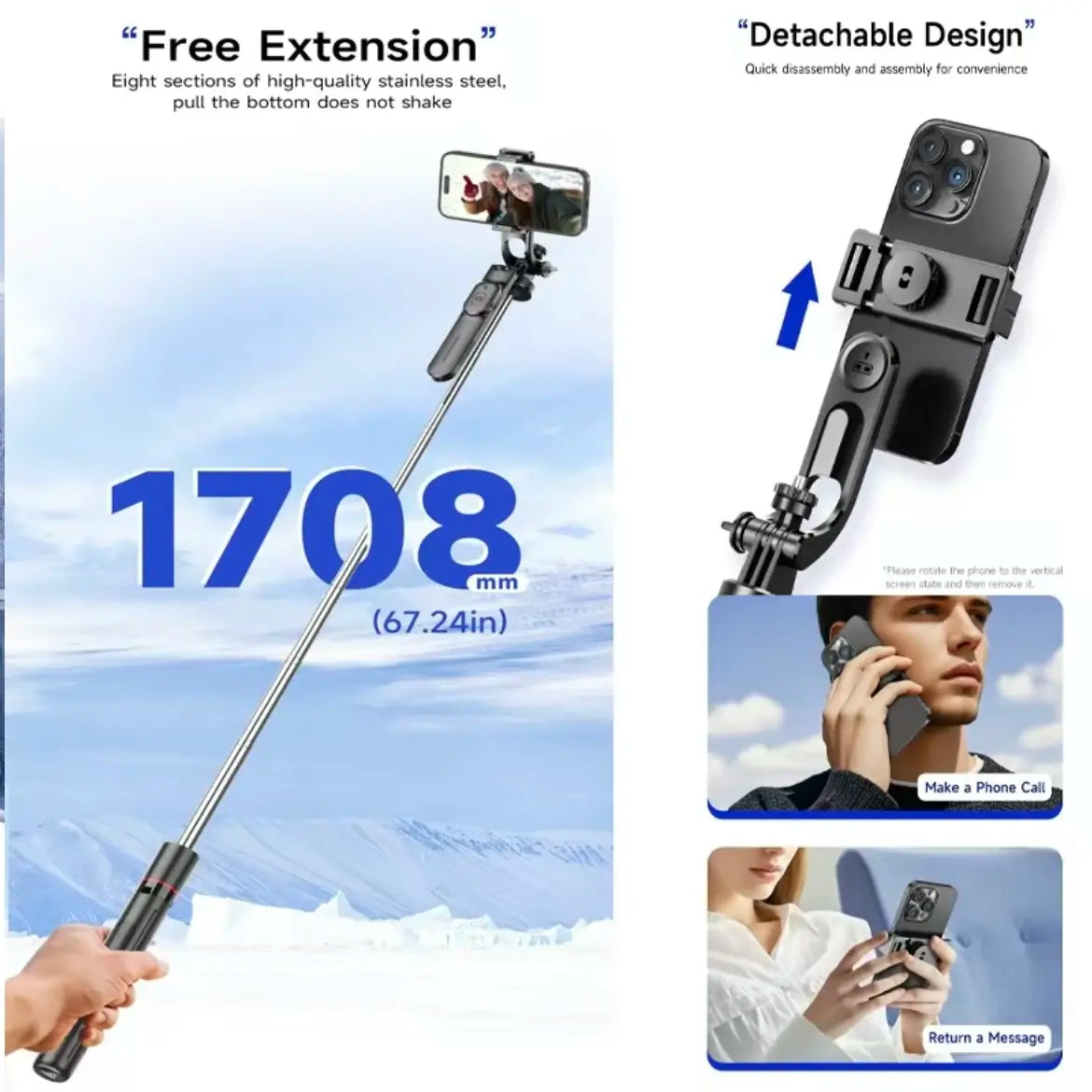 67-Inch Adjustable Phone Tripod Stand with Bluetooth Remote Control—Compatible with Iphone 16/15/14/13 and Android Devices; Features Enhanced Stability, Compact Foldable Design for Travel