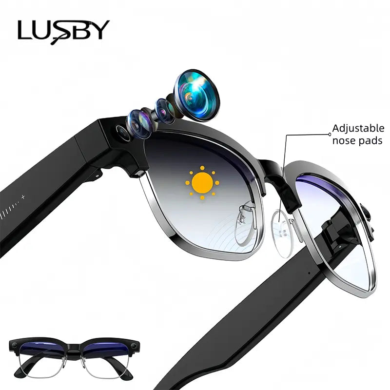 LUSBY Smart AI Camera Glasses with 8MP Photochromic Lenses ,Button Touch Adjustment for Travel Outdoor Adventures Hands-Free Photography 160+Languages Real-Time Translation Bluetooth Wireless Wearable Video Recording UV Protection ,Easter Gift