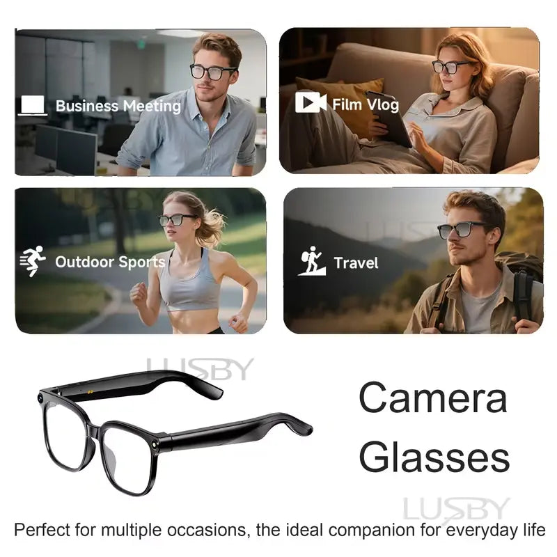 LUSBY Smart AI Camera Glasses with 8MP Photochromic Lenses ,Button Touch Adjustment for Travel Outdoor Adventures Hands-Free Photography 160+Languages Real-Time Translation Bluetooth Wireless Wearable Video Recording UV Protection ,Easter Gift
