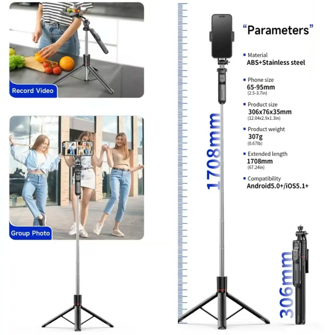 67-Inch Adjustable Phone Tripod Stand with Bluetooth Remote Control—Compatible with Iphone 16/15/14/13 and Android Devices; Features Enhanced Stability, Compact Foldable Design for Travel
