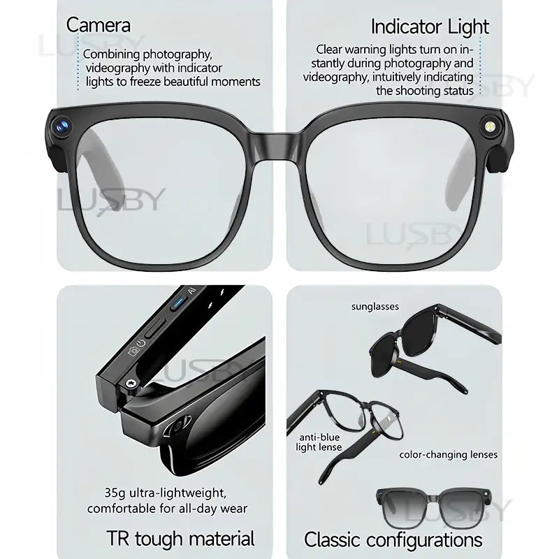 LUSBY Smart AI Camera Glasses with 8MP Photochromic Lenses ,Button Touch Adjustment for Travel Outdoor Adventures Hands-Free Photography 160+Languages Real-Time Translation Bluetooth Wireless Wearable Video Recording UV Protection ,Easter Gift