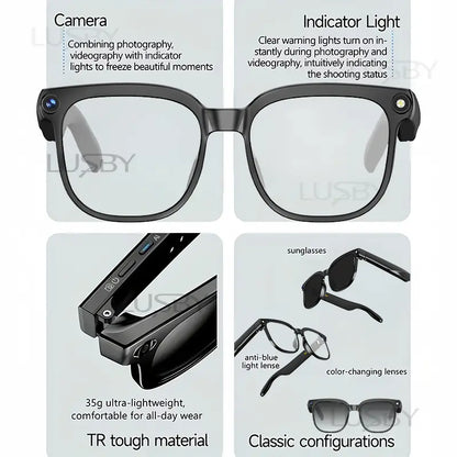 LUSBY Smart AI Camera Glasses with 8MP Photochromic Lenses ,Button Touch Adjustment for Travel Outdoor Adventures Hands-Free Photography 160+Languages Real-Time Translation Bluetooth Wireless Wearable Video Recording UV Protection ,Easter Gift