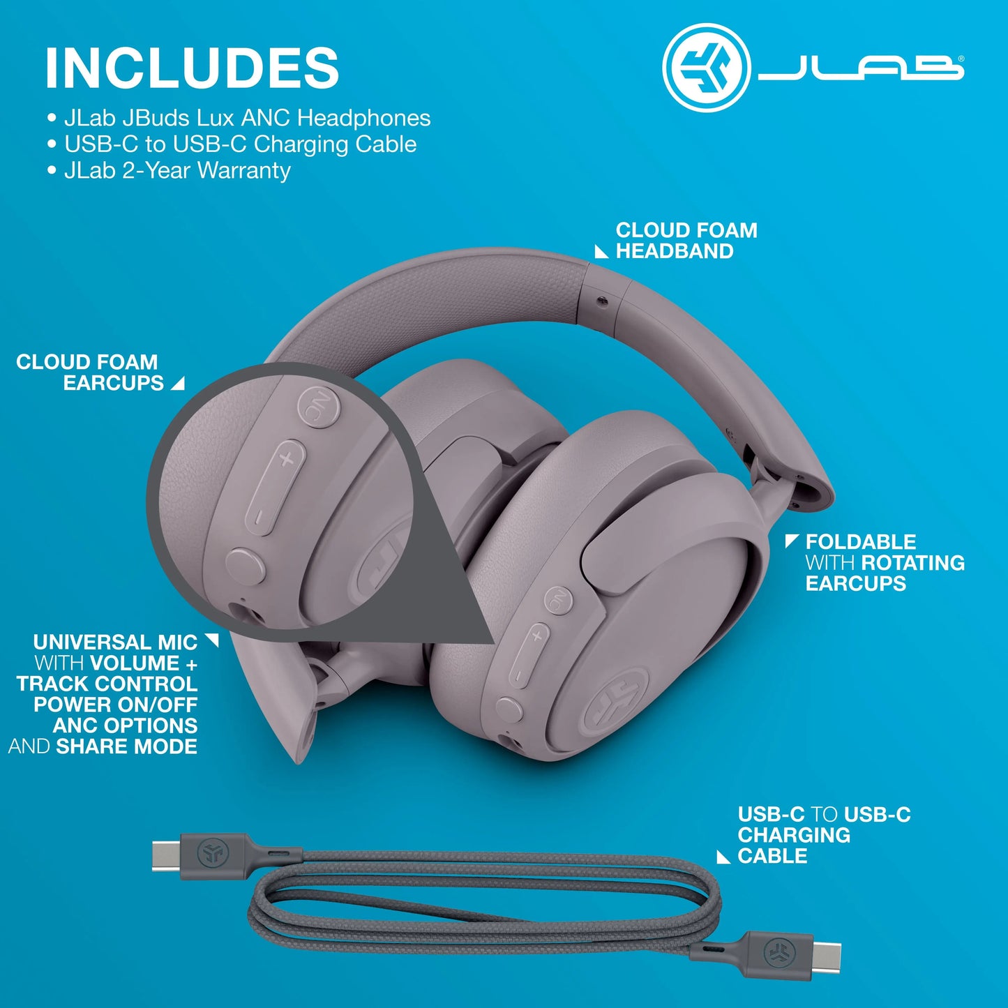 Jlab Jbuds Lux ANC Wireless Bluetooth Noise Cancelling Headphones with Mics, Adjustable Over-Ear Design, Custom EQ, Be Aware Safety Mode, Foldable, Wired Charging Cable, Compatible with Iphone/Android Devices (Tools and Gadgets, Mens Gifts)