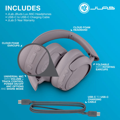 Jlab Jbuds Lux ANC Wireless Bluetooth Noise Cancelling Headphones with Mics, Adjustable Over-Ear Design, Custom EQ, Be Aware Safety Mode, Foldable, Wired Charging Cable, Compatible with Iphone/Android Devices (Tools and Gadgets, Mens Gifts)