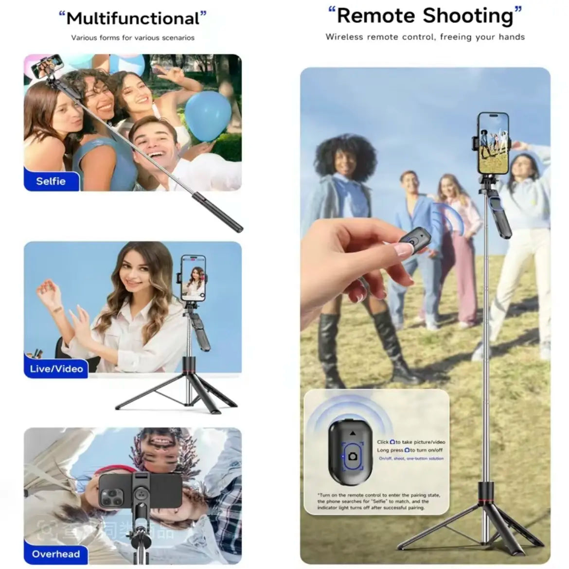 67-Inch Adjustable Phone Tripod Stand with Bluetooth Remote Control—Compatible with Iphone 16/15/14/13 and Android Devices; Features Enhanced Stability, Compact Foldable Design for Travel