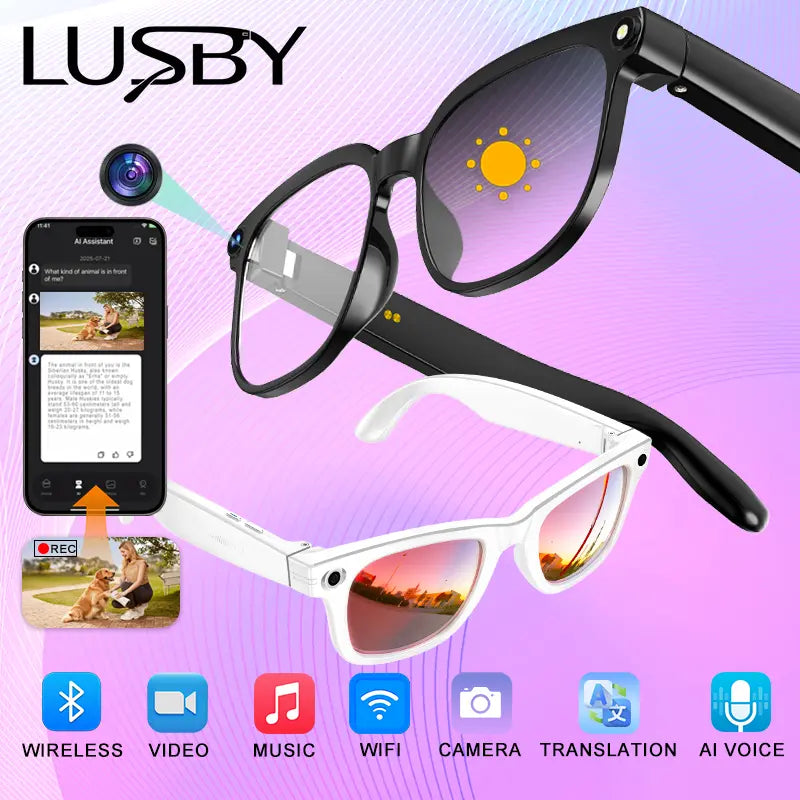 LUSBY Smart AI Camera Glasses with 8MP Photochromic Lenses ,Button Touch Adjustment for Travel Outdoor Adventures Hands-Free Photography 160+Languages Real-Time Translation Bluetooth Wireless Wearable Video Recording UV Protection ,Easter Gift